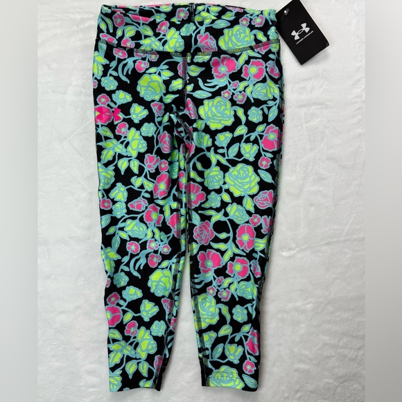 Under Armour Girls Leggings - Black with Pink and teal floral‎ design. Small - Picture 1 of 4